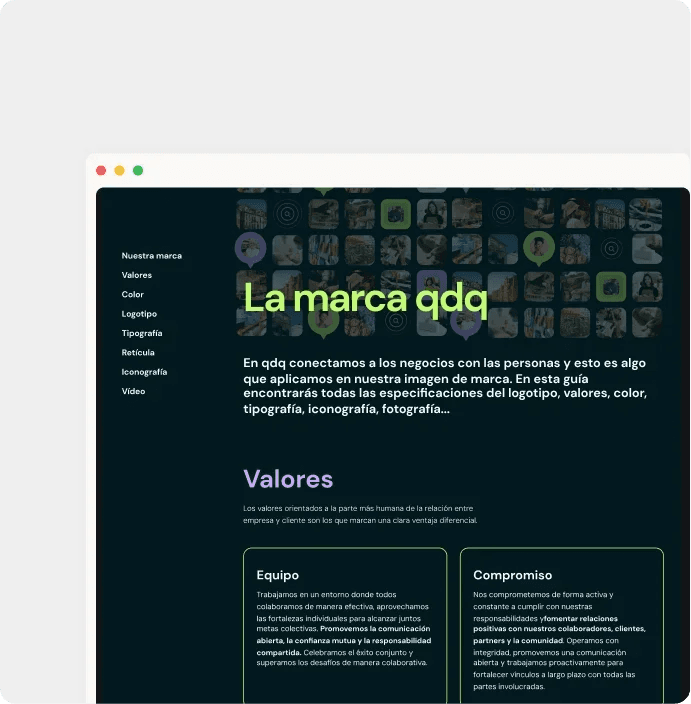 Navegador mostrando brand.qdq.com: guía de marca qdq con fondo oscuro, título «La marca qdq» en verde lima, mosaico de fotos y sección Valores con tarjetas Equipo y Compromiso.