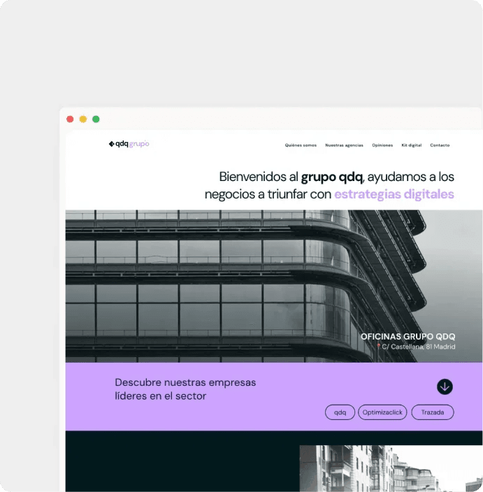 Navegador mostrando grupoqdq.com: web corporativa del grupo con fotografía arquitectónica y acentos en malva.