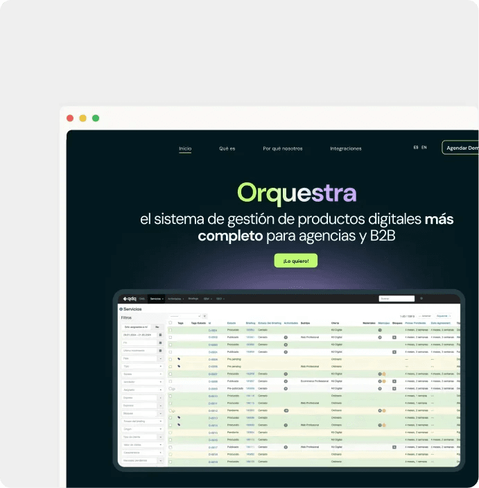 Navegador mostrando orquestra.es: interfaz oscura del producto Orquestra con cabecera, métricas y llamada a la acción «Agendar demo».