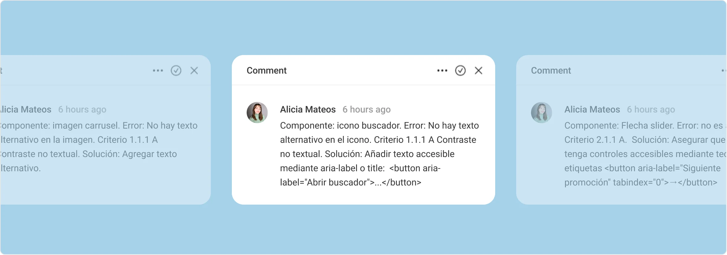 diferentes comentarios sobre la accesiblidad en un proyecto de Figma