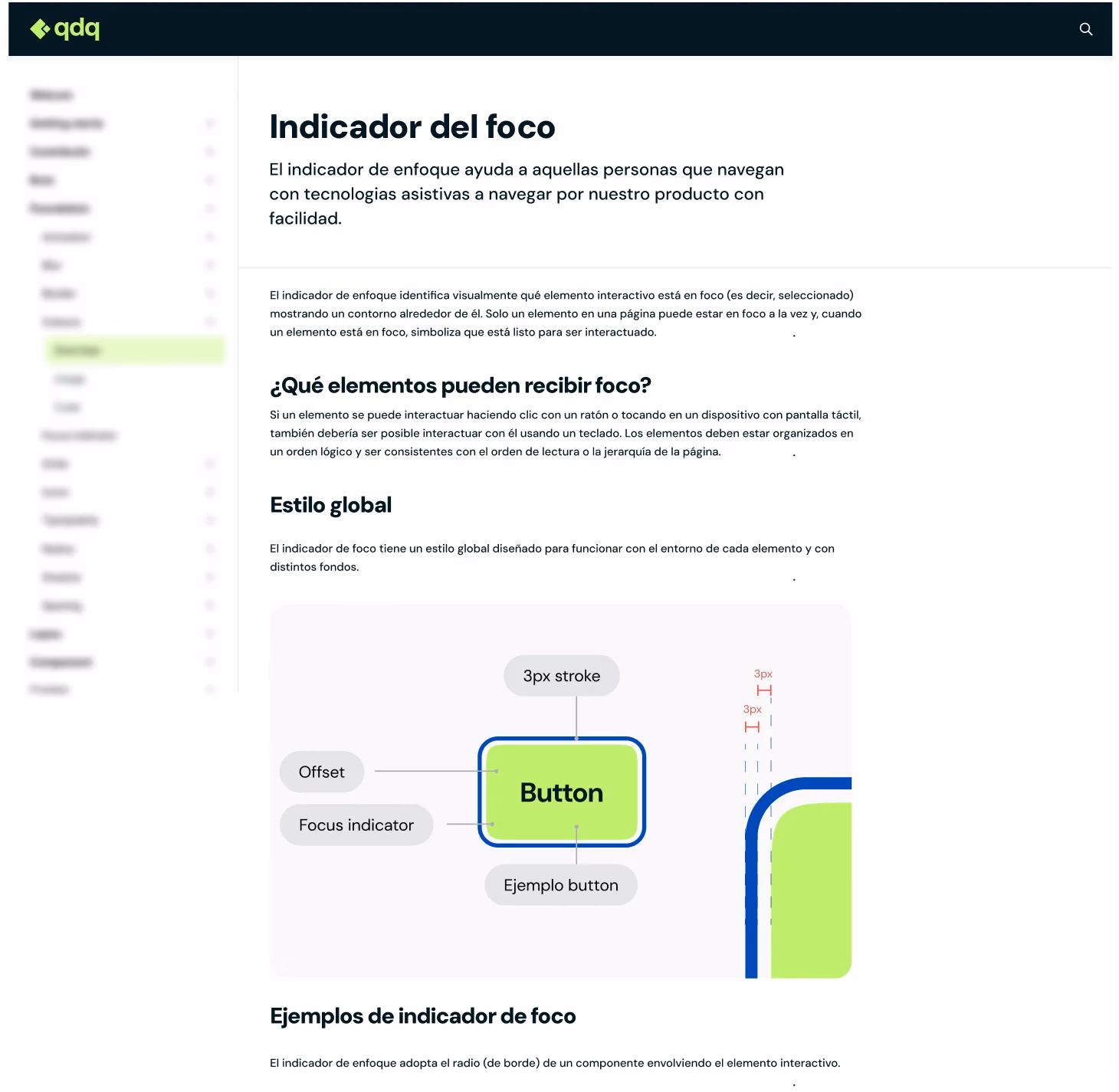 Documentación del design system qdq: página «Indicador del foco» con introducción, secciones «¿Qué elementos pueden recibir foco?» y «Estilo global», y diagrama del botón de ejemplo con anillo de foco (trazo 3px, offset 3px).