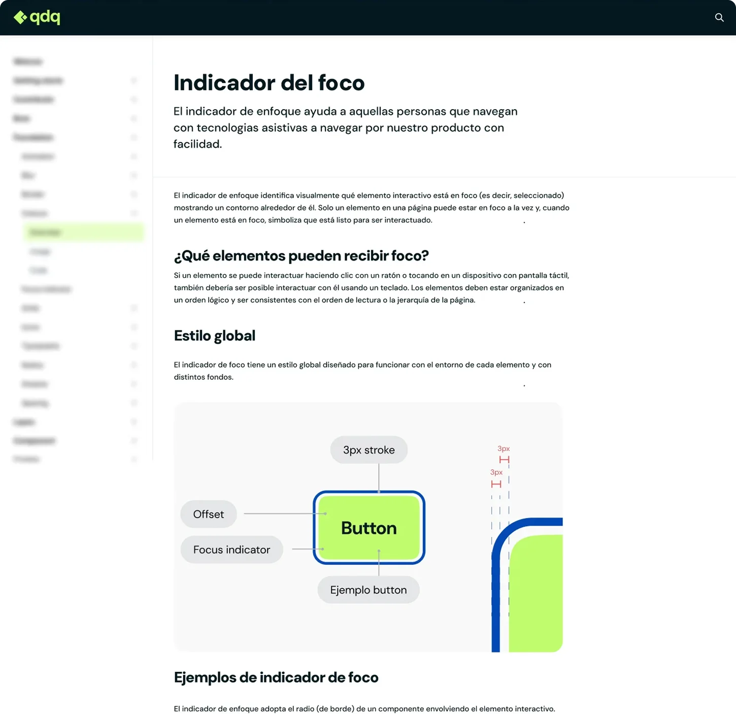 Documentación del design system qdq: página «Indicador del foco» con introducción, secciones «¿ Qué elementos pueden recibir foco?» y «Estilo global», y diagrama del botón de ejemplo con anillo de foco (trazo 3px, offset 3px).