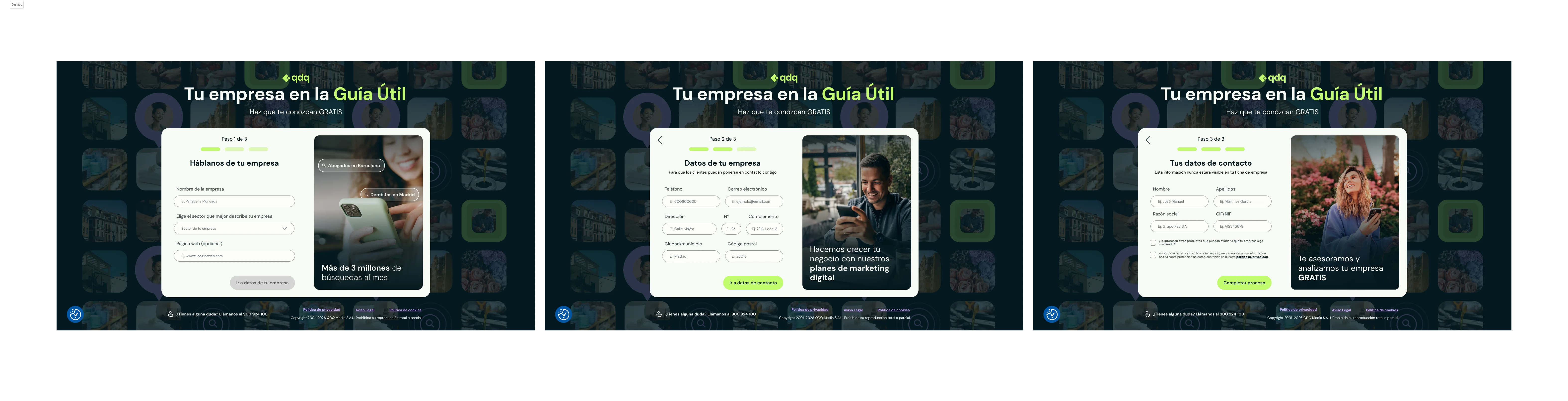 Funnel simplificado del nuevo diseño: flujo de registro Anúnciate Gratis en tres pasos con el nuevo branding