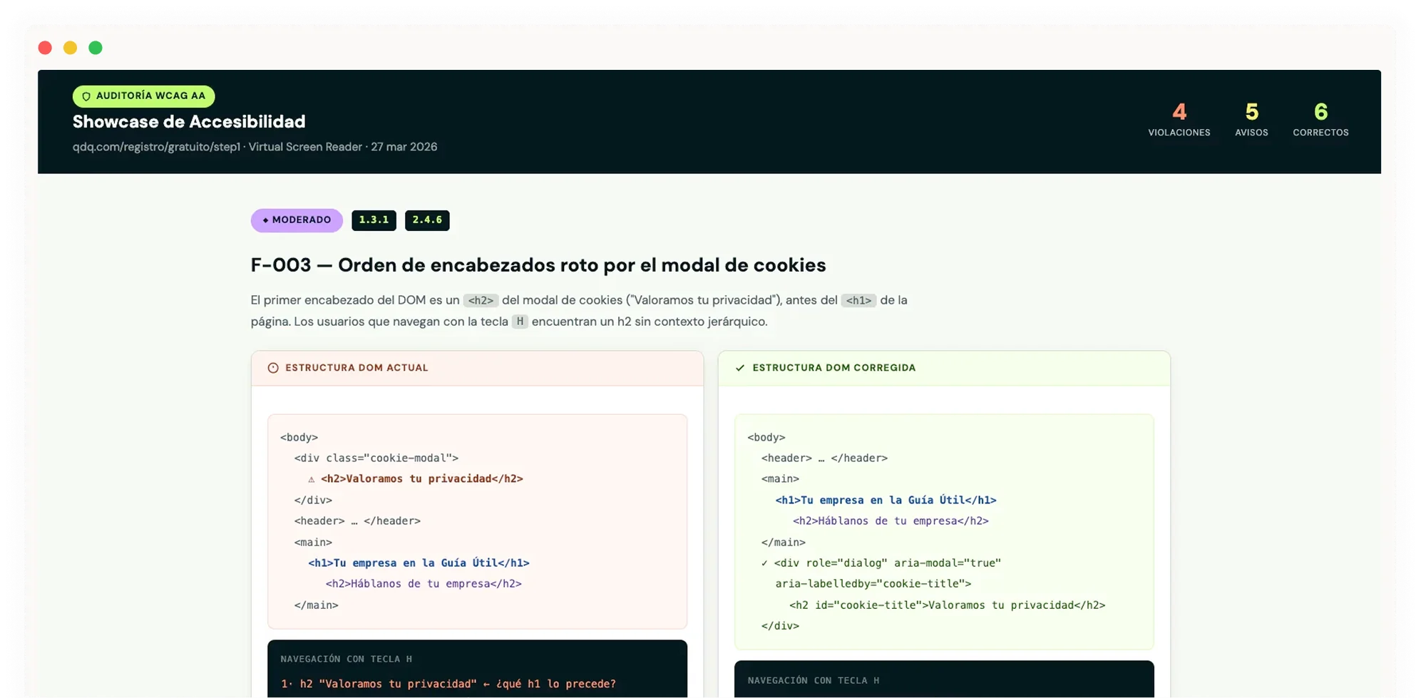 Showcase de accesibilidad del funnel Anúnciate Gratis: hallazgo F-003 sobre el orden de encabezados del modal de cookies (WCAG 1.3.1 y 2.4.6)