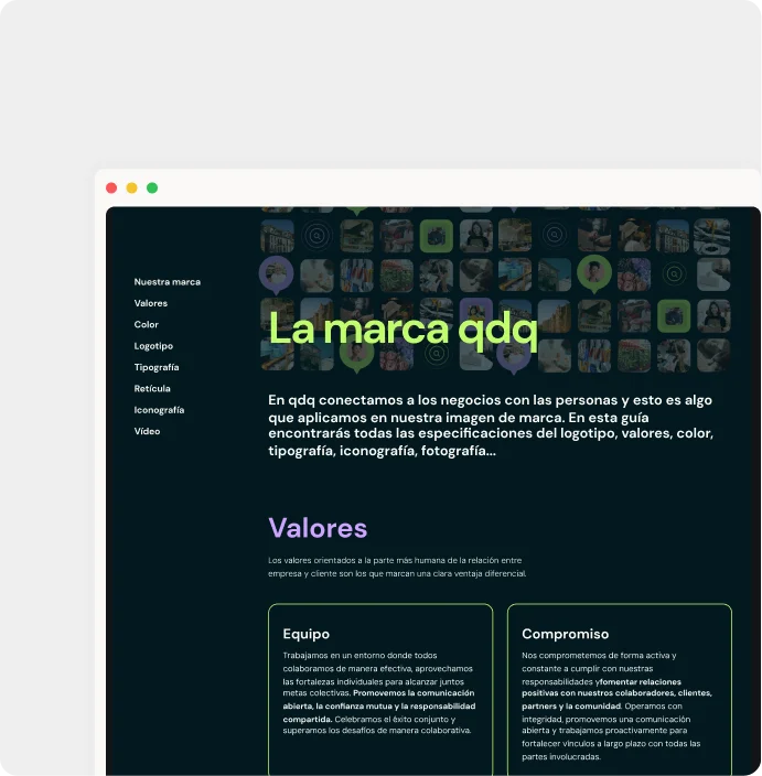 Navegador mostrando brand.qdq.com: guía de marca qdq con fondo oscuro, título «La marca qdq» en verde lima, mosaico de fotos y sección Valores con tarjetas Equipo y Compromiso.
