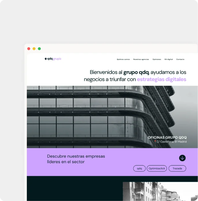 Navegador mostrando grupoqdq.com: web corporativa del grupo con fotografía arquitectónica y acentos en malva.
