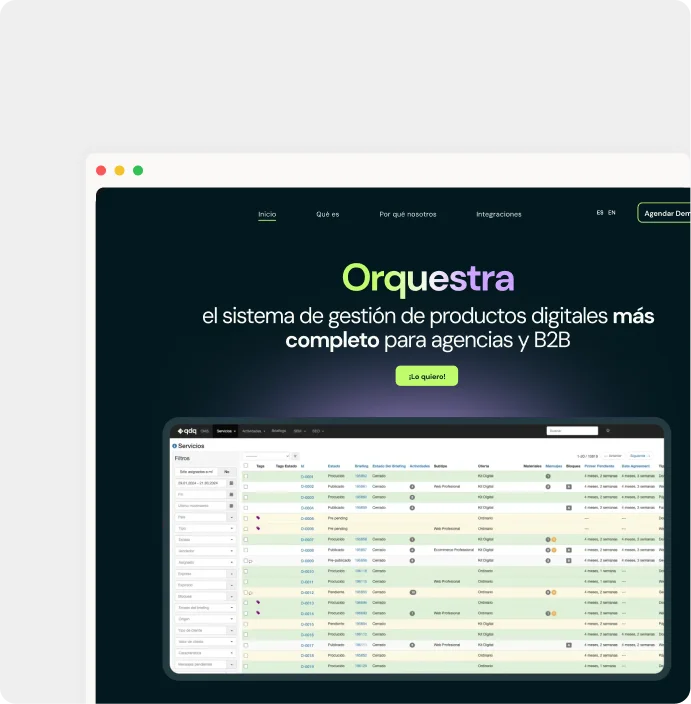 Navegador mostrando orquestra.es: interfaz oscura del producto Orquestra con cabecera, métricas y llamada a la acción «Agendar demo».